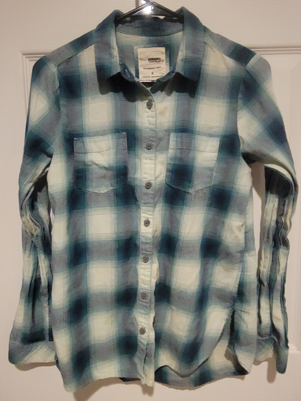 Women's Sm Sonoma Blue and White Plaid Button-Down Shirt